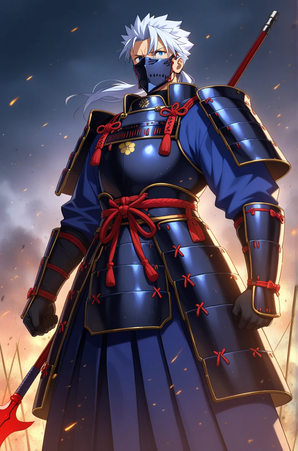  top quality ,  Masterpiece,  highest resolution， (Traditional Japanese Samurai Armor), (Lancer_Fate), （battlefield_background），Kufulin，blue_Hair Color， Blue Kimono _male，4K, Alone，Red spear ，(whole body)， anime style ，  Hyper Detailed , ( intricate details ),