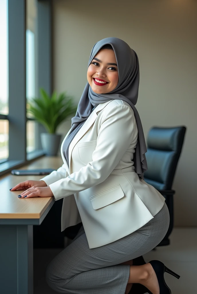 best quality highres, masterpiece:1.2), ultra-detailed, realistic:1.60, feminine face, age 28, black eyes, normal eyebrows, sharp jawline, normal nose, oval-shaped face, beautiful detailed eyes, beautiful detailed, beauty hijab girl, in the office ,full body ,smiling at viewer, full body appearances, facial detail, skin texture detail. sitting and standing in office, different outft, change hijab color,standing posety, white long sleeve dress