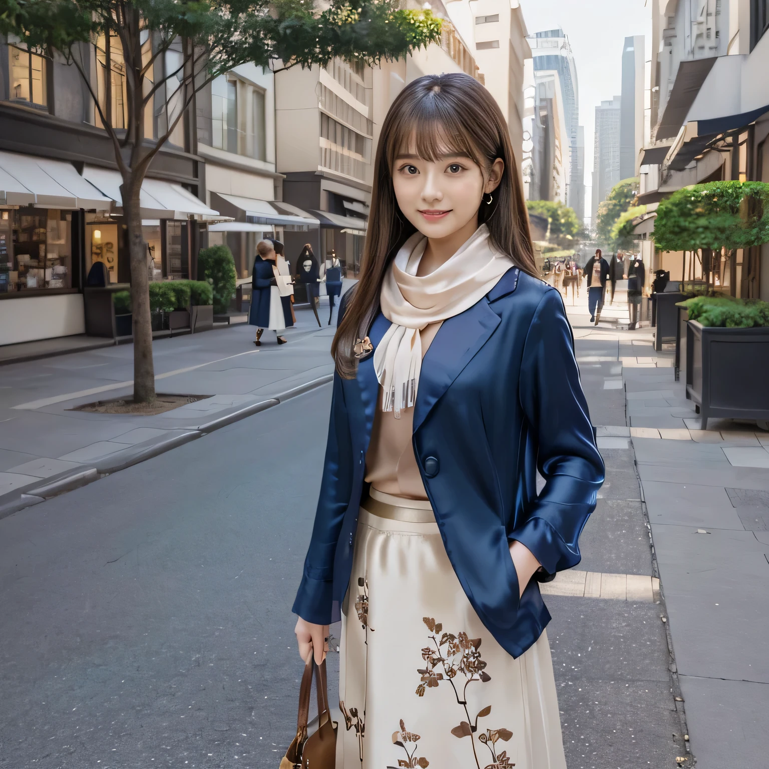 ( calm and gentle expression:1.0), ( full body shot :1.3), ( Panorama :1.0), movie lighting, (( top quality )), ( RAW photos , top quality ), ( realistic :1.4), realism , masterpiece, Very Delicate and Beautiful , very detailed, 4k wallpaper, amazing, finely, very detailed CG unity 8k wallpaper, very detailed, high definition , soft light during the cruise, Japanese, (one shot:1.9), (22 years old:1.6), (Round face:1.2), (Fat:0.8), ( very neat woman, A very pure woman:1.5), Beautifully Detailed Woman , with famous Japanese actresses , detailed face , finelyて美しい目, very detailedな目と顔, Beautiful Eyes and Beautifully Detailed Nose, lots of cute frills , ( straight hair:1.4), shiny hair, Shiny Hair, Brown Hair, (bangs:1.4), 引き締まった体, ( smiling:1.4), Glossy and moisturized lips, Natural Makeup, (IVY type navy blazer:1.5), (LET IT GO, white, elegant long sleeve chiffon blouse :1.3), (LET IT GO, Small floral pattern, dark brown, A-Line Skirt:1.3), ( Long Skirt:1.9), (Hermes, silk, elegant scarves:1.5), (pumps:1.5), (I have a bag:1.3), (Skyscraper district, bustling street, Sidewalk background with large street trees:1.5),