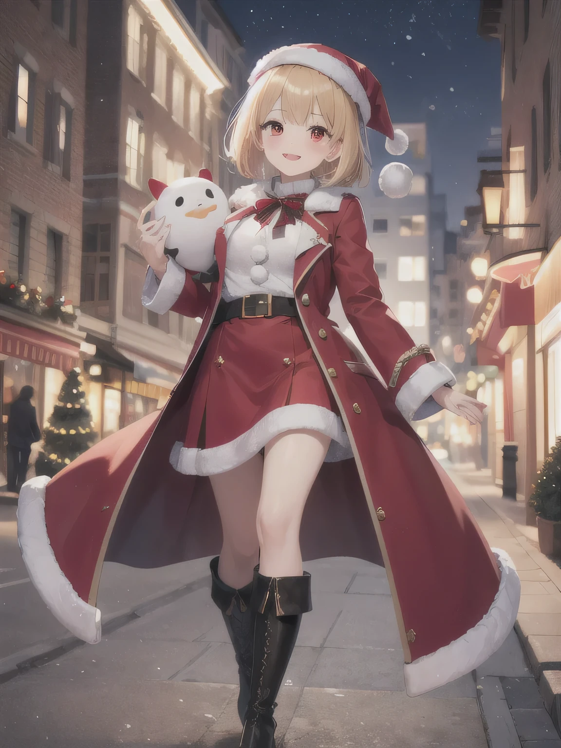 She is dressed in a classic Santa Claus outfit, with a red and white coat, a matching skirt, and black boots, perfectly tailored to her small frame. On her back, she carries a large, white sack filled with presents, the soft fabric of the bag hinting at its generous contents. The The background is a street corner illuminated with Christmas decorations, with the sky transitioning from a warm orange of sunset to the cool blue of night. Snowflakes gently fall, adding to the tranquil winter atmosphere. The girl’s bright and cheerful expression contrasts beautifully with the peaceful surroundings, evoking a sense of warmth and festive joy.  masterpiece, top quality , high definition ,Blonde Bob Hair, red eyes.
