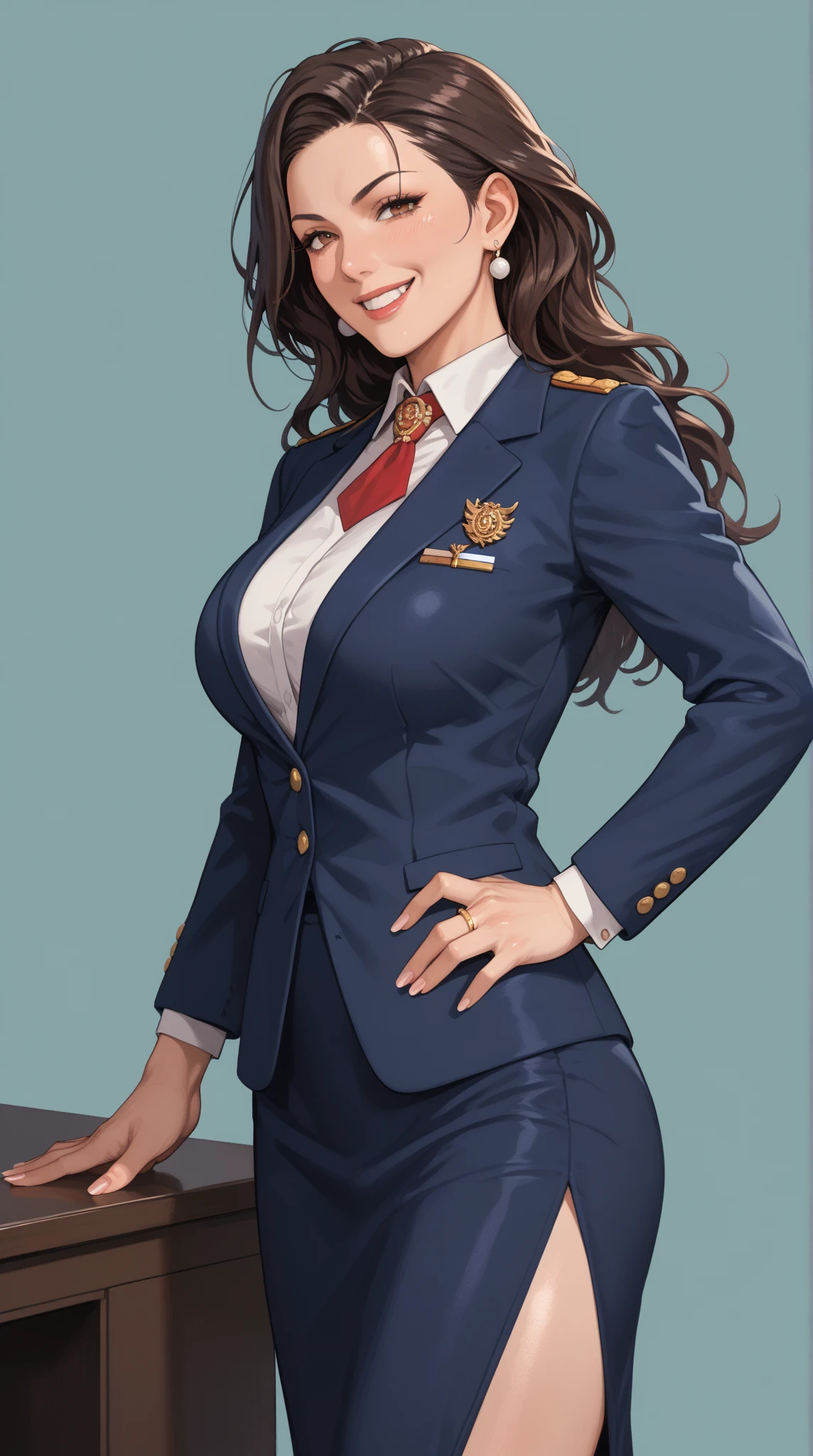 highest quality, Full body portrait, Delicate face, Beautiful Face, Big eyes: 1.1, compensate: 1.2, 25-year-old female, The body is slim, Small Bust,With a smile、 OL Uniform, Women's White Collar Uniform, Office Uniforms, Black Stockings, Outdoor Scene, Are standing, Black Short Hair、