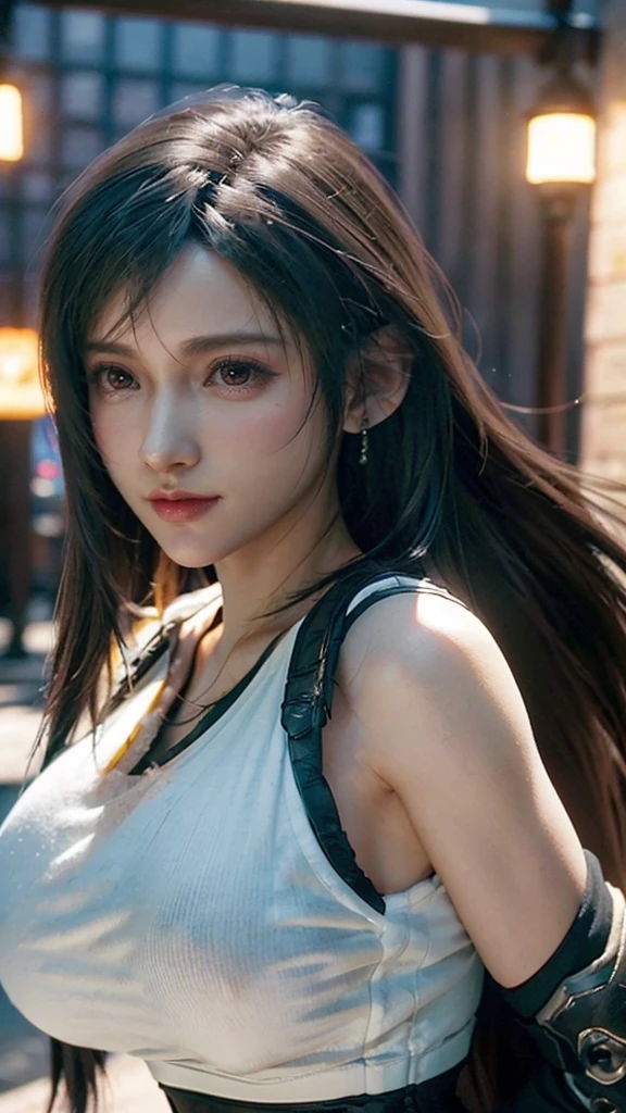 (((FF7Tifa, 1girl, black hair, long hair, red eyes))),  Smiled in camera , Masterpiece, best quality, ultra highres, detailed illustration ,cinematic, masterpiece,1girl, ((( large breasts))), beautiful detailed eyes, beautiful detailed lips, extremely detailed eyes and face, long eyelashes, voluptuous figure, alluring girl, goddess, sexy girl, girl cosplay, photo realistic, 18 years old, seductive pose, (best quality,4k,8k,ultrahighres,master piece:1.2),ultra-detailed,(realistic,photorealistic),((photo-realistic:1.4)),HDR,UHD,studio lighting,ultra-fine painting,sharp focus,physically-based rendering,extreme detail description,professional,vivid colors,bokeh,portraits,