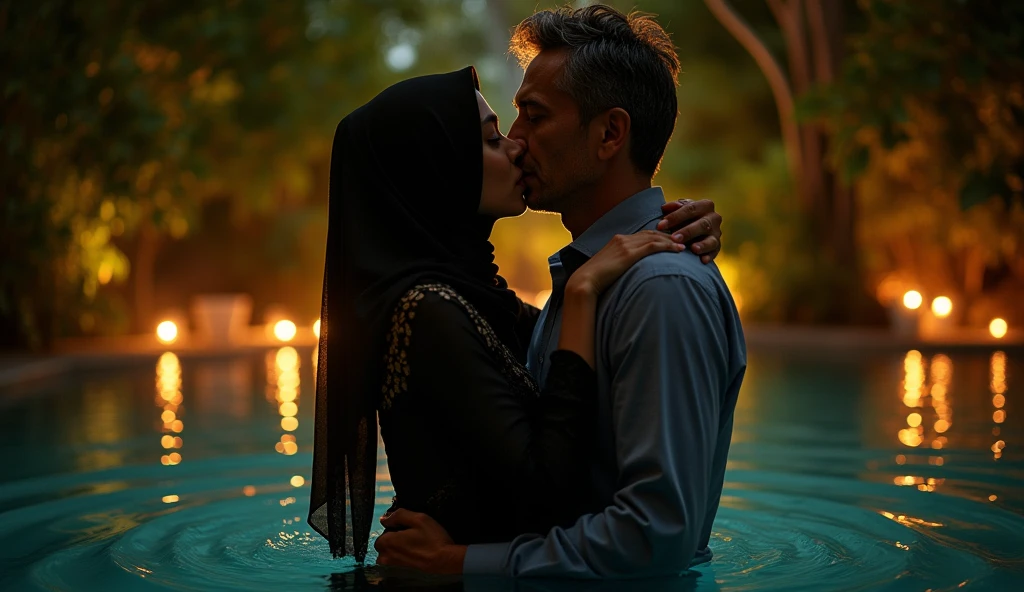 beautiful hijab indonesian lesbian girl laying down,bra and panties,hugging,french kiss,breast grope,view from far,,raining,x