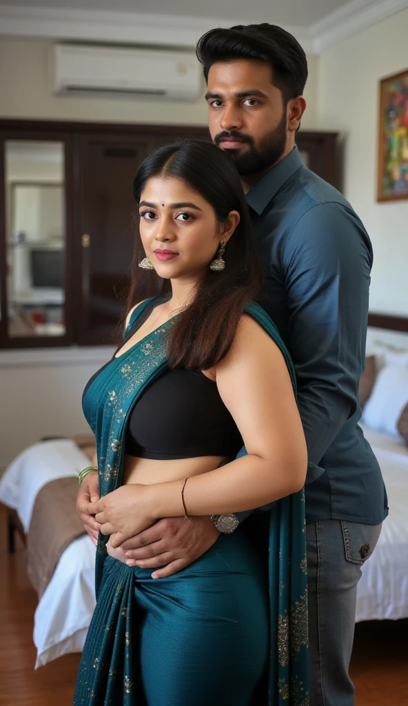 hot healthy south indian white curvy milf with long down tied hair, simple small black dot bindhi, broad shoulder, big hip, big ass, thick thighs, woman wearing Georgette saree and black color blouse(very big breast clevage), in indian middle class house bedroom, ultra hd photo, 4k picture, looking at camera, tall indian muscular man with full lengthy beard side skin fade hairstyle wearing shirt and tight jean standing with woman, man from behind putting his hand around woman’s waist, couple standing looking at camera giving simple pose,fully clothed, front view, man’s hand from behind grabbed her breast, woman sad sexy expression