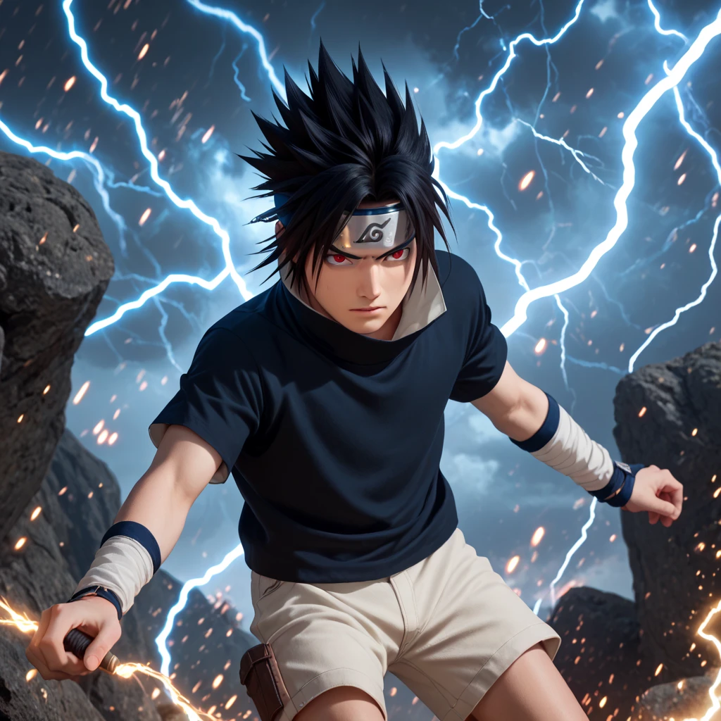 Sasuke uchiha, 1boy, solo, red eyes, black hair, short hair, spiked hair, parted bangs, forehead protector, high collar, black shirt, short sleeves, cream shorts, lightning magic, hand drag lightning, rocks background, lightning overlay