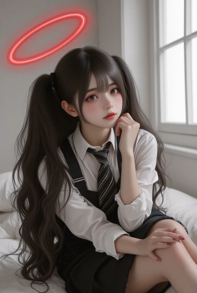 photo realism,Noir,best quality,highly detailed,1girl,long black hair,red eyes,white shirt,black suspender skirt,striped tie,relaxed pose,head resting on hand,crossed legs,bright window light,minimalistic room,red halo symbol,soft shadows,mysterious atmosphere,clean composition, (How to incorporate noise into illustration details:0.2)
