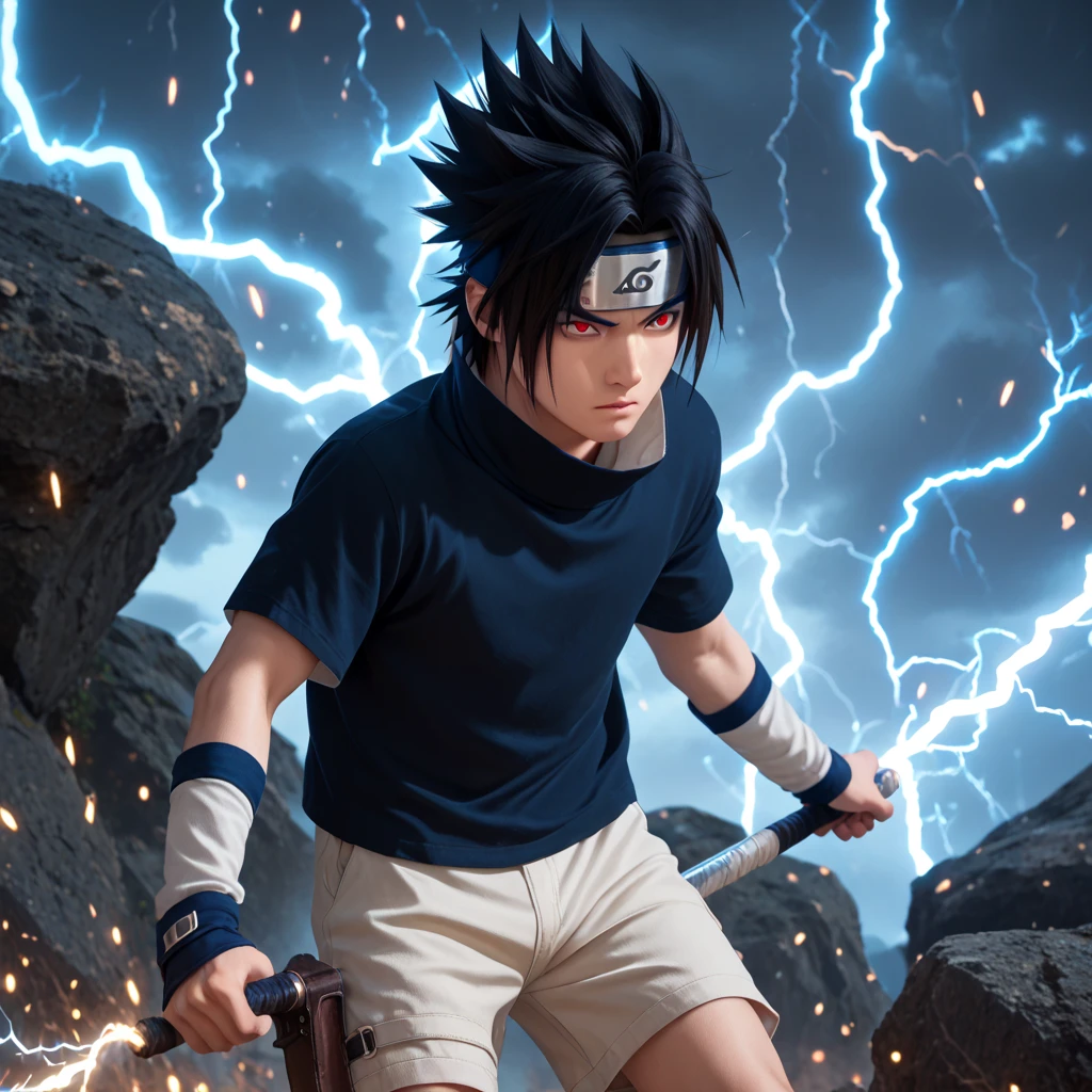 Sasuke uchiha, 1boy, solo, red eyes, black hair, short hair, spiked hair, parted bangs, forehead protector, high collar, black shirt, short sleeves, cream shorts, lightning magic, hand drag lightning lightning, rocks background, lightning overlay