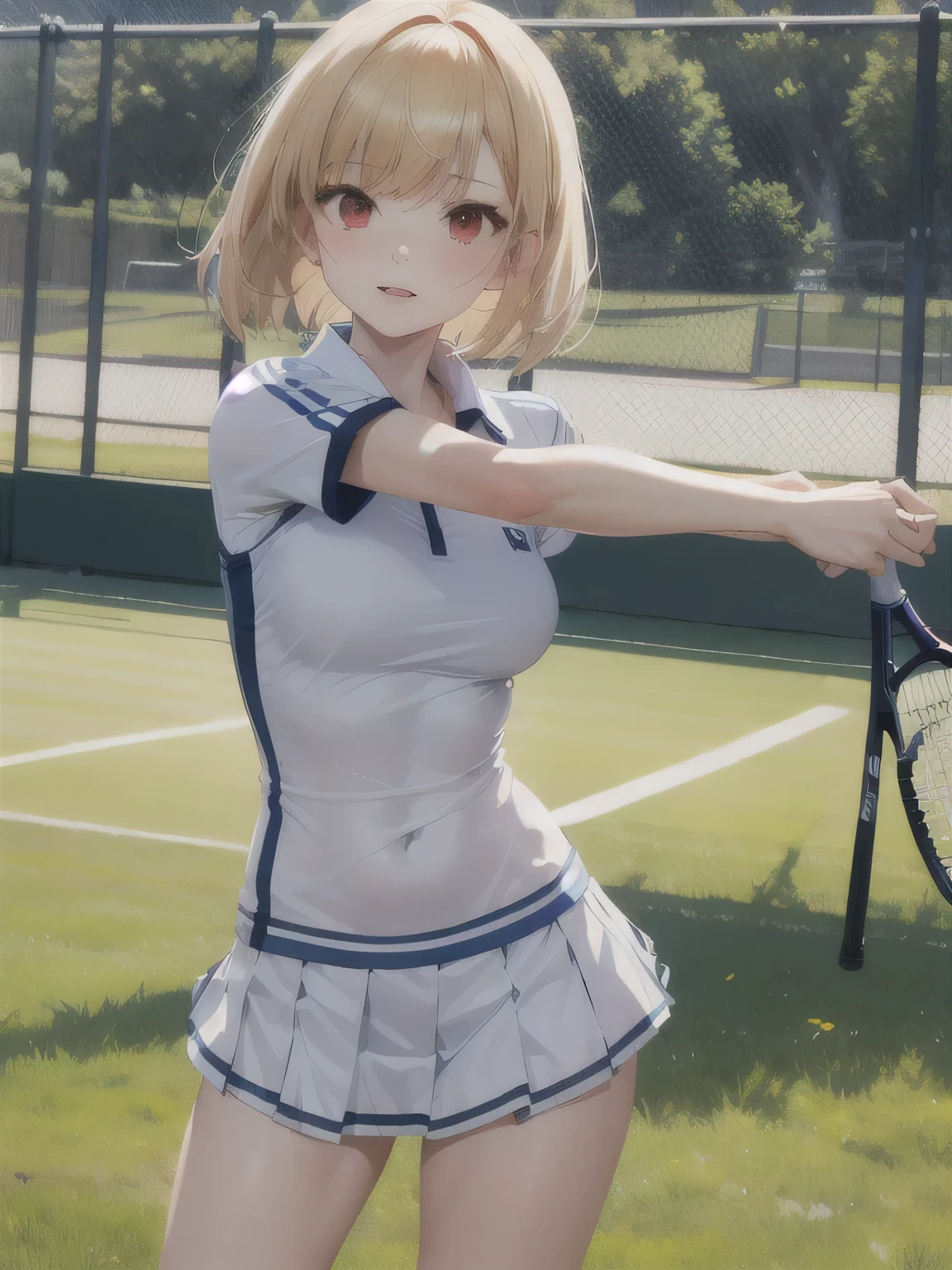 She is wearing a blue tennis outfit, with her white undergarments visible. She holds a single tennis racket with both hands in a poised and focused manner. The lush green grass tennis court stretches out in the background. This scene radiates elegance, power, and athletic skill.  masterpiece, top quality , high definition ,Blonde Bob Hair, red eyes. 30-year-old woman。