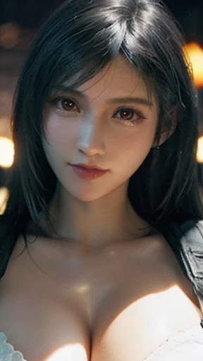 (((FF7Tifa, 1girl, black hair, long hair, red eyes))),  Smiled in camera , Masterpiece, best quality, ultra highres, detailed illustration ,cinematic, masterpiece,1girl, ((( large breasts))), beautiful detailed eyes, beautiful detailed lips, extremely detailed eyes and face, long eyelashes, voluptuous figure, alluring girl, goddess, sexy girl, girl cosplay, photo realistic, 18 years old, seductive pose, (best quality,4k,8k,ultrahighres,master piece:1.2),ultra-detailed,(realistic,photorealistic),((photo-realistic:1.4)),HDR,UHD,studio lighting,ultra-fine painting,sharp focus,physically-based rendering,extreme detail description,professional,vivid colors,bokeh,portraits,