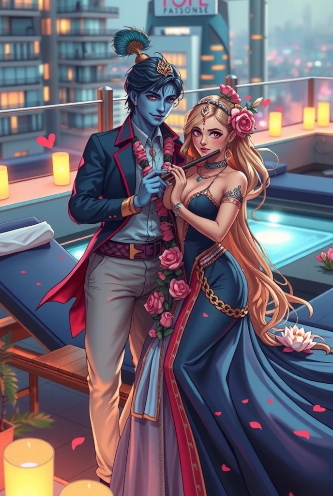 A bold and modern anime-inspired scene of Krishna and Radha in a chic urban rooftop setting, blending divine mythology with contemporary style while preserving their iconic elements. Krishna, with radiant blue skin, stands confidently near a sleek glass railing, holding his golden flute at his hip. His iconic peacock feather adorns a small ornate crown on his head, and a faint white tilak graces his forehead. He wears a deep sapphire blazer with gold detailing, a fitted white silk shirt, and tailored cream trousers, exuding effortless charm.

Radha, glowing with golden-white skin, is seated gracefully on a modern chaise lounge surrounded by fresh jasmine and lotus flowers. Her flowing hair is beautifully adorned with vibrant flowers and a delicate small crown. She wears a striking, modern gown in mostly blue and pink tones, with shimmering accents and a bold yet elegant design. The soft glow of fairy lights and a scattering of flower petals enhance her ethereal presence.

The rooftop garden is illuminated by warm candlelight and offers a panoramic view of a sparkling cityscape under the night sky, creating an enchanting and romantic atmosphere that perfectly highlights their timeless connection