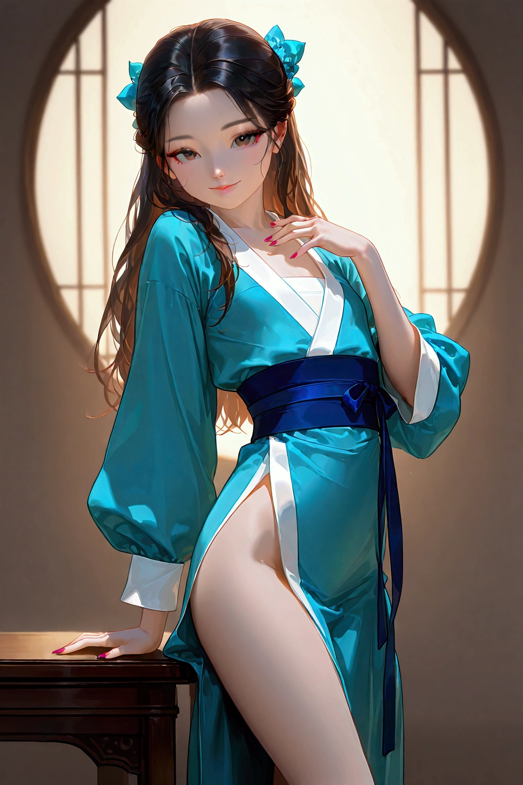 Highest quality, masterpiece, Ultra-high resolution, (Realistic:1.4), Raw photo, One person,Half Japanese and Vietnamese, Light blue blouse, Very cute face, very beautiful big eyes, Very beautiful hair, Straight long hair、Very beautiful skin, Very beautiful long eyelashes, Very beautiful lips, Very beautiful body, Very beautiful thighs, An innocent smile, Dynamic Pose