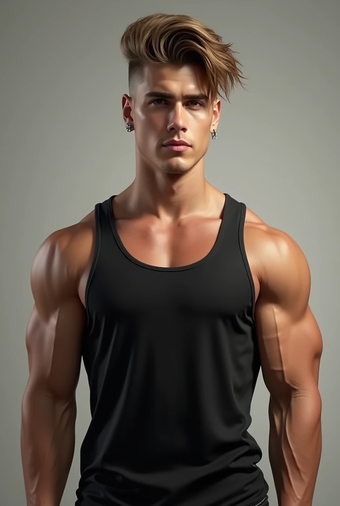 A very handsome young man, sunglasses, gray tank top, muscular, on a gray background