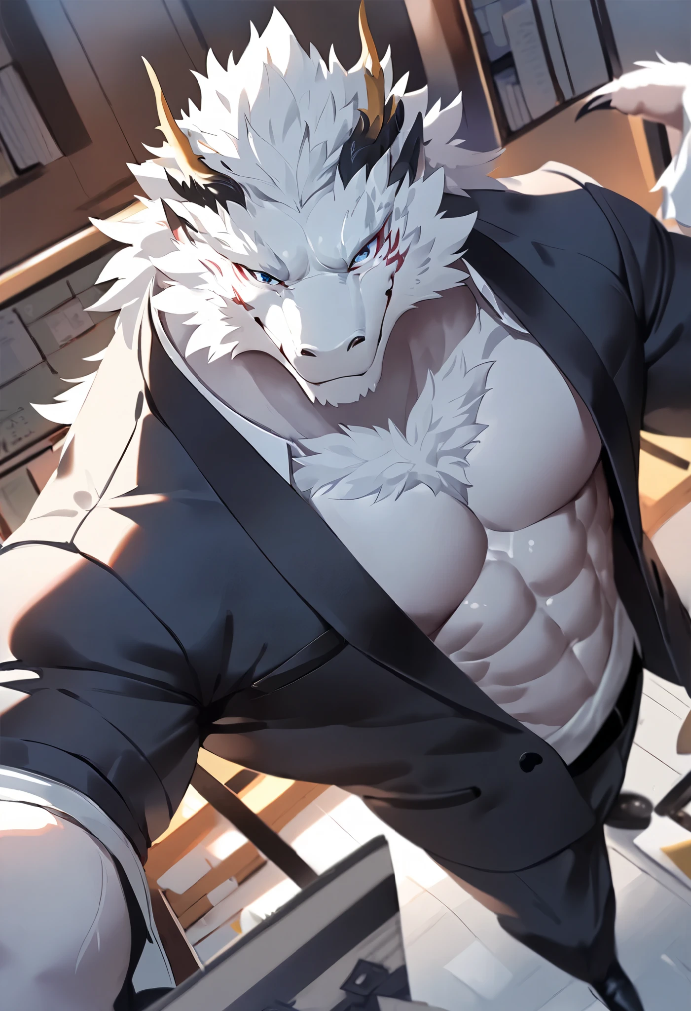 Oriental Dragon, 1 Boy, male, unique , white fur, strong , Large target , Chest muscles, [Cool face, Body scars, middle aged, office clothes , black tie, permanent, Front angle, office background in front of computer