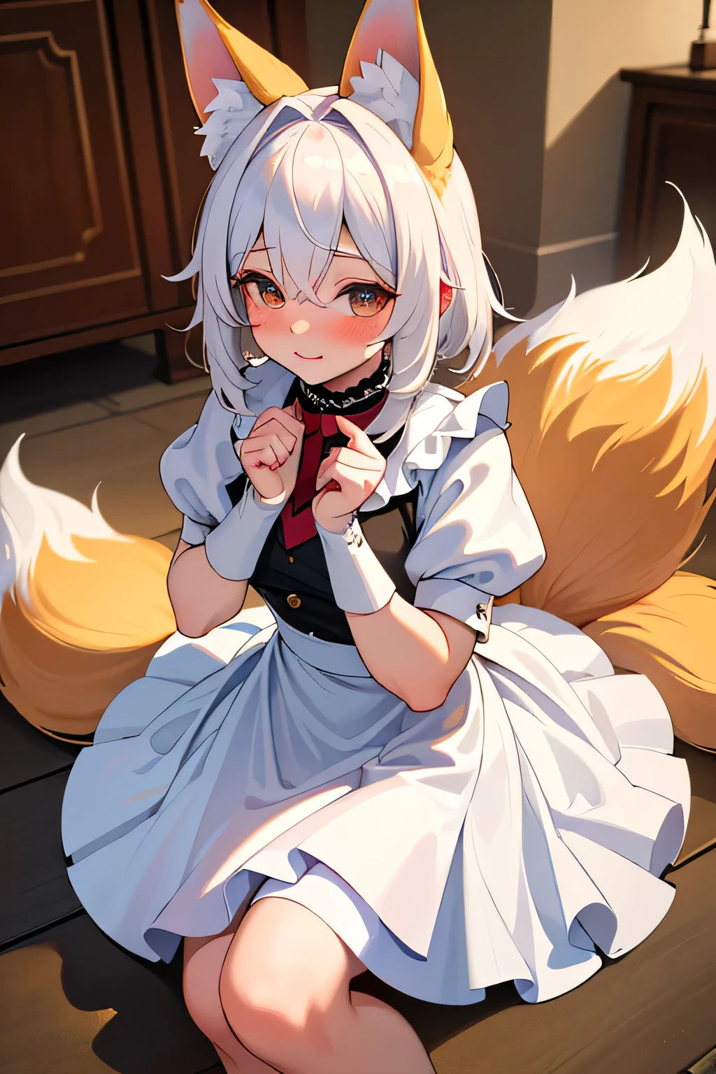 ( Masterpiece,  better quality:1.5), (ultra detailed,  high resolution, 8K,  beautiful detailed,  Ultra High Definition , best anatomy), 1 pretty girl,  white hair,  medium breasts, maid,  flared skirt ,  short skirt ,  Fox Ears ,  foxtail ,  teen,   tender look,  blushing ,  small waist, included towards the spectator,  hands resting on the floor ,  doggy style position, 