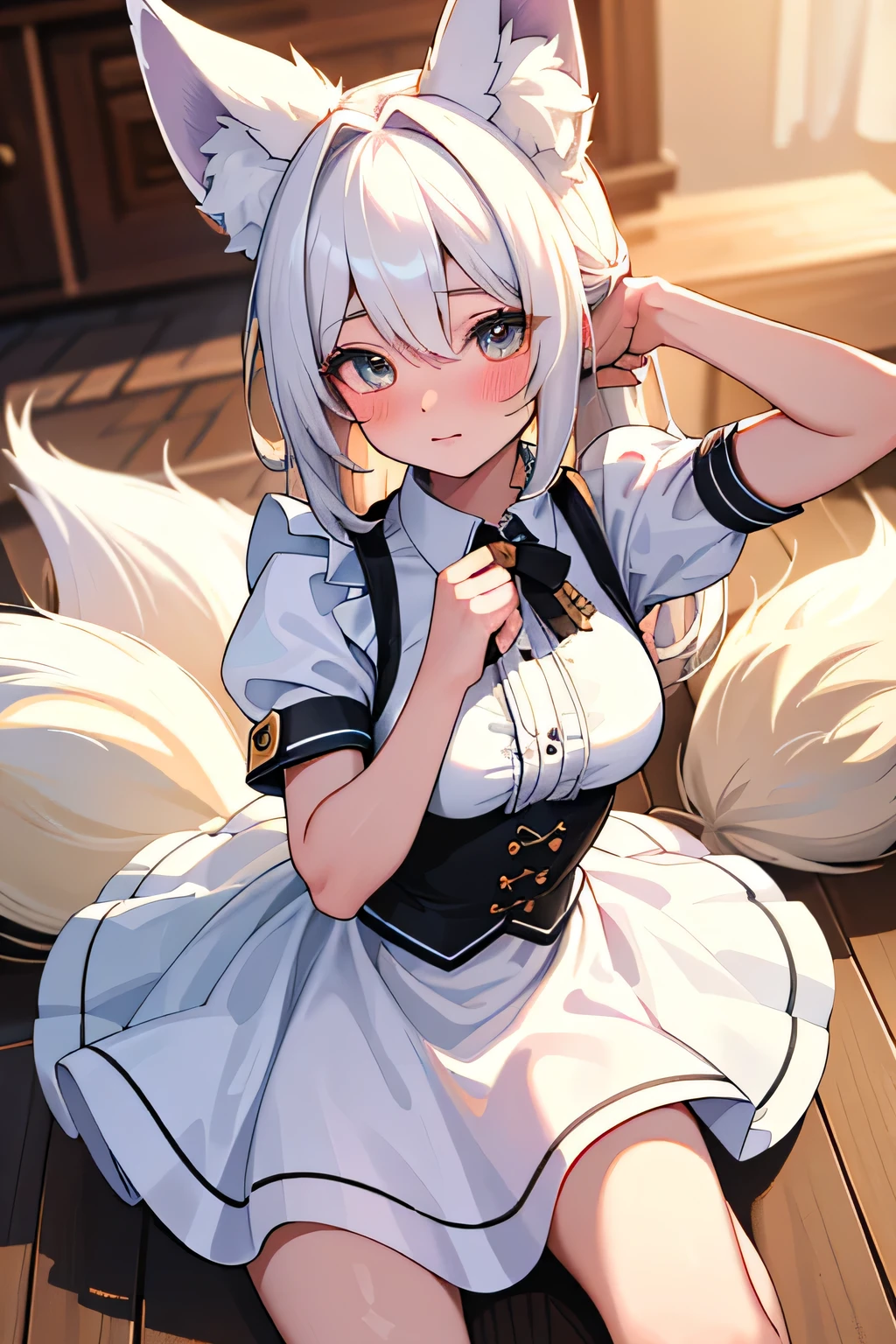 ( Masterpiece,  better quality:1.5), (ultra detailed,  high resolution, 8K,  beautiful detailed,  Ultra High Definition , best anatomy), 1 pretty girl,  white hair,  medium breasts, maid,  flared skirt ,  short skirt ,  Fox Ears ,  foxtail ,  teen,   tender look,  blushing ,  small waist, included towards the spectator,  hands resting on the floor ,  doggy style position, 