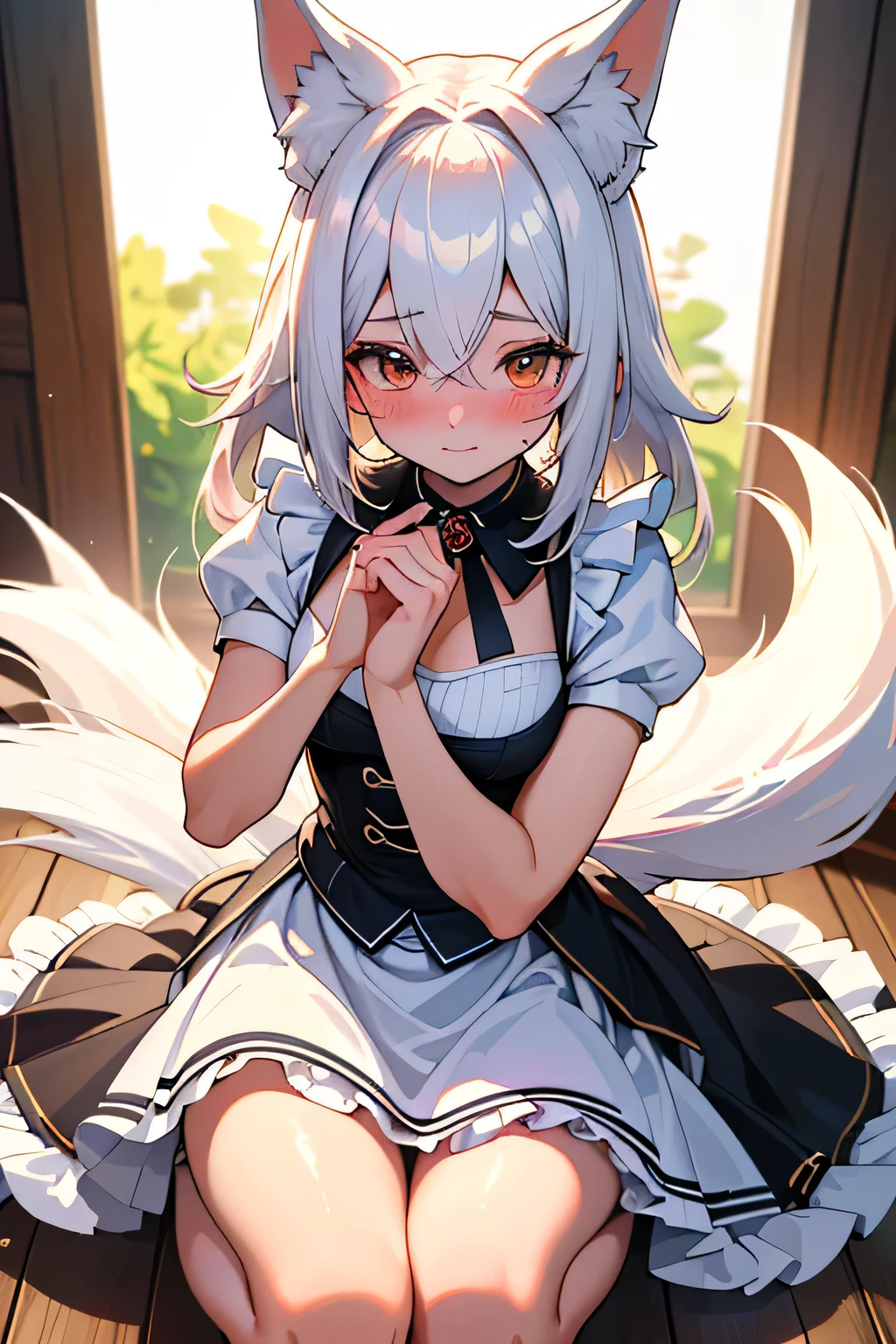 ( Masterpiece,  better quality:1.5), (ultra detailed,  high resolution, 8K,  beautiful detailed,  Ultra High Definition , best anatomy), 1 pretty girl,  white hair,  medium breasts, maid,  flared skirt ,  short skirt ,  Fox Ears ,  foxtail ,  teen,   tender look,  blushing ,  small waist, included towards the spectator,  hands resting on the floor ,  doggy style position, 