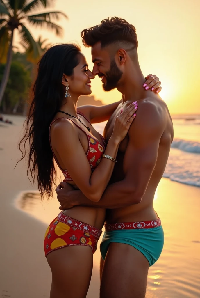 ultrarealistic hires full body bikini photo of a 30-year-old sai pallavi woman, 50 years old man hugging her from back outdoors,both seeing the camera