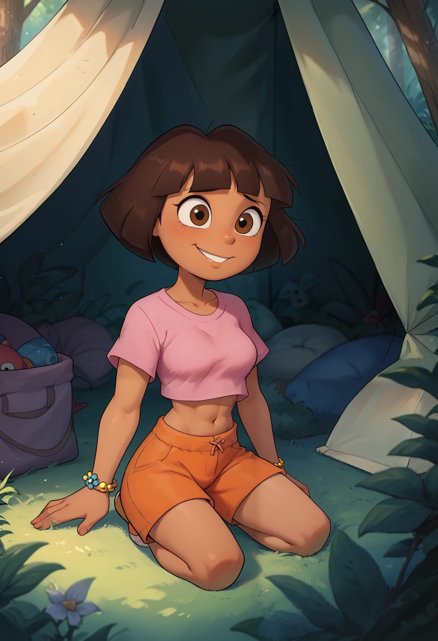  solo, From the front, cute, head tilted back, worried, goofy grin, on knees, medium breasts, Dora,  brown eyes, morning, inside a tent, outdoors, dark-skinned female, bob cut, (pink shirt), crop top, bare midriff, loose shirt, (orange shorts), bracelet, (slender athletic body), 