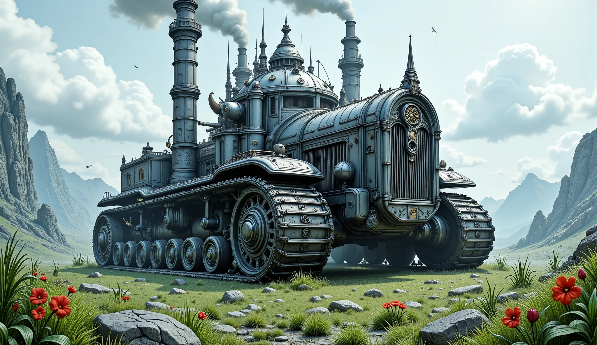 Wide view, futuristic, Sci-fi cinematic scene. Green grassland and flowers field natural background. the giant Armored Steampunk palace, giant metallic Gothic style Palace complex located on the tank sprocket platform. Gear andMachine elements, metal smoking chimery. Golden runes and cybernectic line decorate, Grimmdark, mechanical. (Ultra-realistic, 32k, Masterpiece, High Quality, Detailed Realistic Background, Official Art, Realistic Lighting, filmfotos, film grain, reversal film photography).