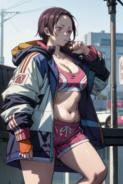 Alafed asian woman in black sports bra top and red Bike Shorts, (one quarter topless:1.3),(flat chest),, (Chiseled abs : 1.1),nipples visible through clothes,Cameltoe,Chun-Li at the gym, (gym training),Yoshitomo Nara, flushed and sweaty, Aoi Ogata, Chiho Aoshima, Japan model, Omina Tachibana, Koji Ayami, sweat, Yuka Kazami