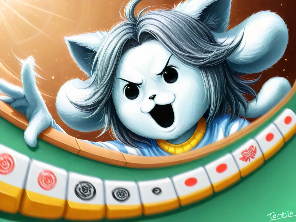 temmie\(undertale\) playing mahjong,excited,dynamic angle,close up of the face, motion blur,dynamic angle,(realistic:0.5)