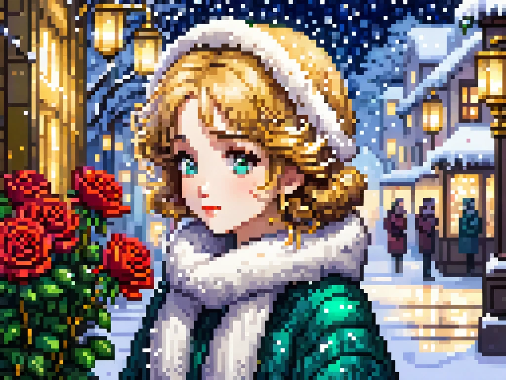 Winter snowflakes falling on her face as she gazes down at the roses in her hands, Deco, Gustav Klimt, bokeh background, lilting music.8bit, pixel art