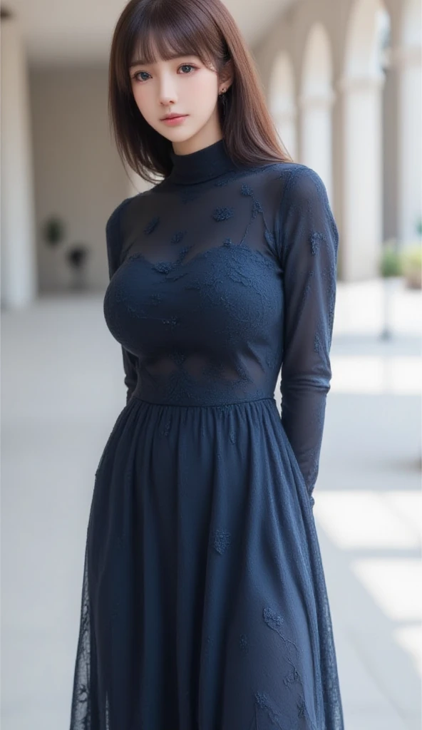 [Subject]: Young woman with A high-fashion editorial photograph of an elegant woman wearing an baju kurung kebarung 
[Details]: She wearing a navy blue baju kurung kebarung , The dress decorate with intricate lace and floral embroidery, complemented by a matching long layered flowy dark blue hijab. 
[Environment / Background]: She stands gracefully in a luxurious indoor setting with soft, natural light streaming through tall windows. The background features navy blue and white flowers blooming A wide, down perspective reveals a polished white-tiled pathway, creating a dreamy and romantic ambiance.
[Lighting]: Soft, diffused lighting creates a cozy and warm atmosphere, illuminating the subject’s outfit,
[Style]: Photorealistic, highly detailed portrait.
[Mood / Atmosphere]: Festive, warm, and inviting,
[Camera Angle]: wide-angle shot (down perspective), capturing the subject stands on center
[Quality & Resolution]: Ultra-high resolution with sharp details, ensuring clarity in textures, colors, and light reflections.
[Other Specifics]: The luxury handbag.