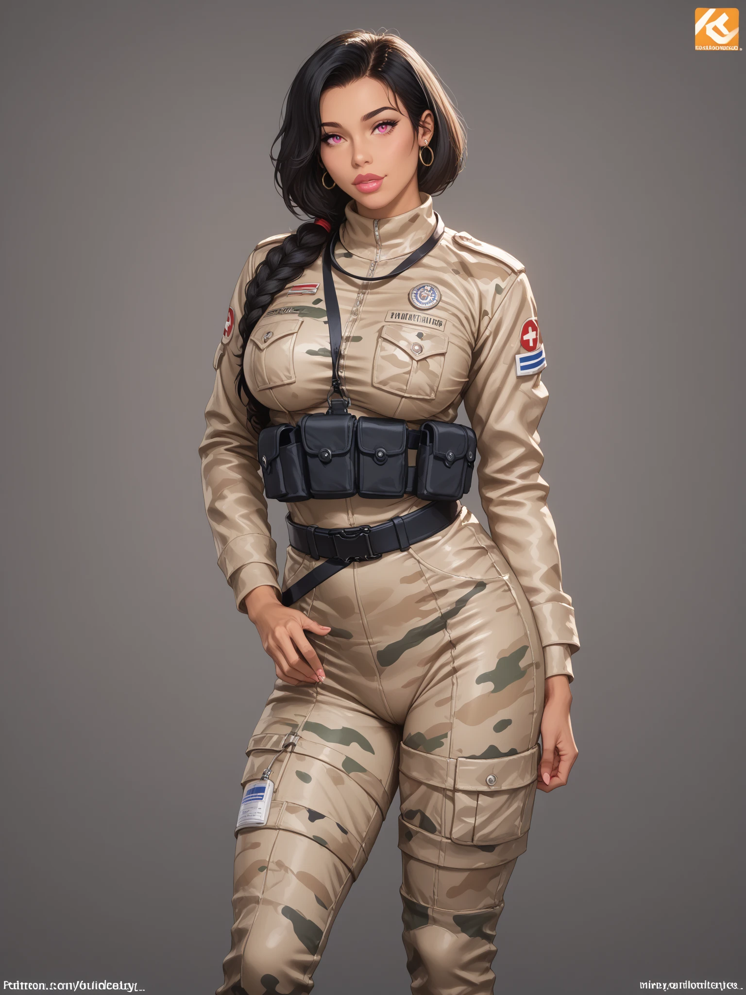 On the cover of a military magazine: 1 Super sexy bombshell combat nurse pinup girl in a skin tight black camouflage pattern pinup retro spacesuit with military medical gear pouches. She is wearing a helicopter pilot helmet with an angel logo on it. She has tan skin, full lips, narrow sholders, a tight waistline, wide hips, thick thighs, super large breasts, is not very muscular at a glance but definitely is thin. She is a stunning tan skinned woman with pink eyes and long black hair that reaches mid back or longer. She is advertising an emergency tactical medical crate. She is posing in a seductive pose that accentuates her thick strong legs and big boobs and her medical kit belt around her hips and waist.