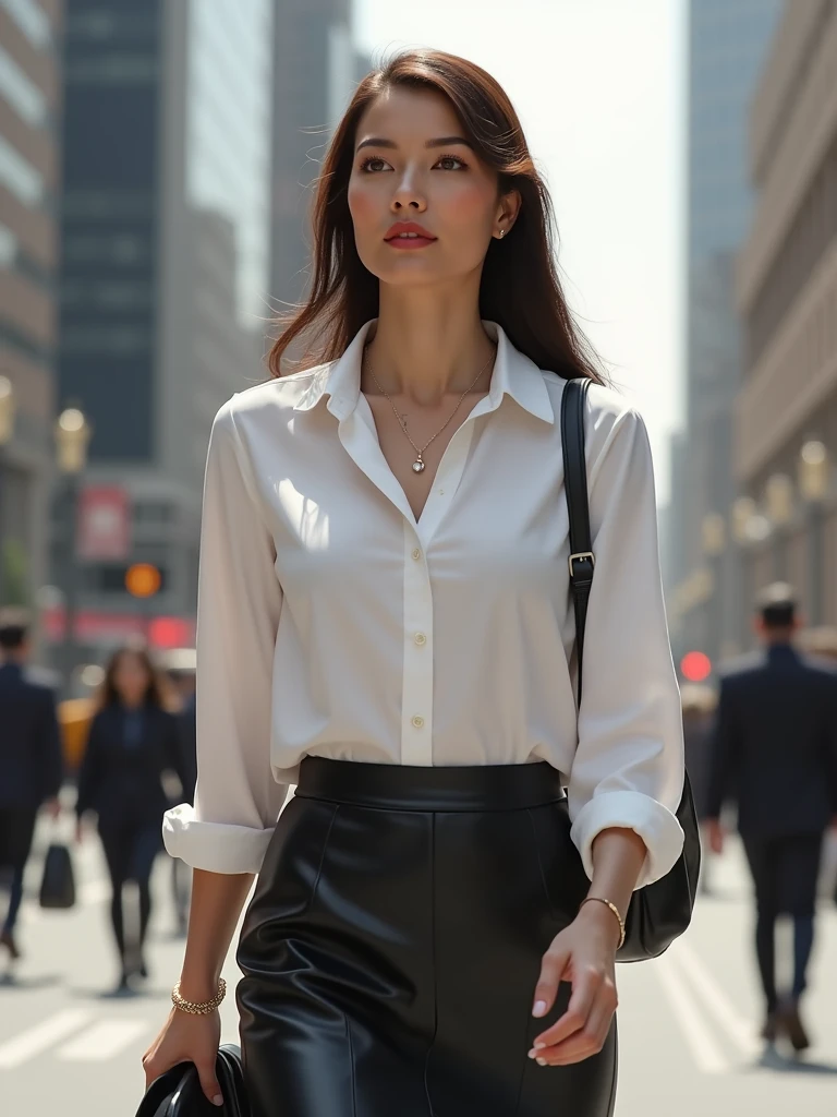 Asian woman, closeup, (shirt), pants, (streets of boston), (), KM_sakura , wide shoulders, perfect face, (contact iris: 1.1), pale skin, skin pores , depth of field
