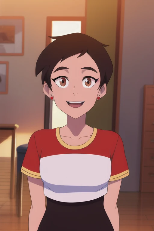 masterpiece, best quality, mawsLoisLane, 1girl, solo, black hair, short hair, brown hair, upper body, smile, shirt, red shirt, looking at viewer, indoor, arms behind back, open mouth, black leggings, earrings, sunlight, 