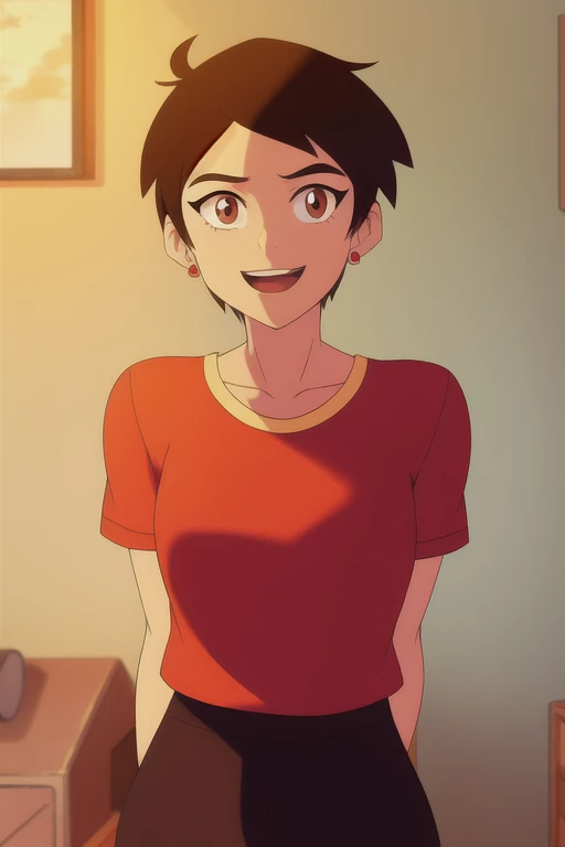 masterpiece, best quality, mawsLoisLane, 1girl, solo, black hair, short hair, brown hair, upper body, smile, shirt, red shirt, looking at viewer, indoor, arms behind back, open mouth, black leggings, earrings, sunlight, 