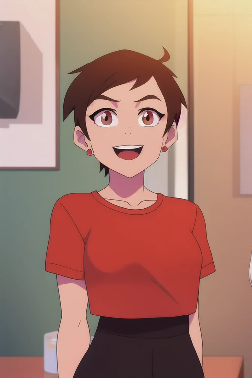 masterpiece, best quality, mawsLoisLane, 1girl, solo, black hair, short hair, brown hair, upper body, smile, shirt, red shirt, looking at viewer, indoor, arms behind back, open mouth, black leggings, earrings, sunlight, 