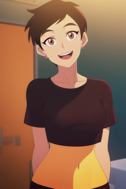 masterpiece, best quality, mawsLoisLane, 1girl, solo, black hair, short hair, brown hair, upper body, smile, shirt, red shirt, looking at viewer, indoor, arms behind back, open mouth, black leggings, earrings, sunlight, 