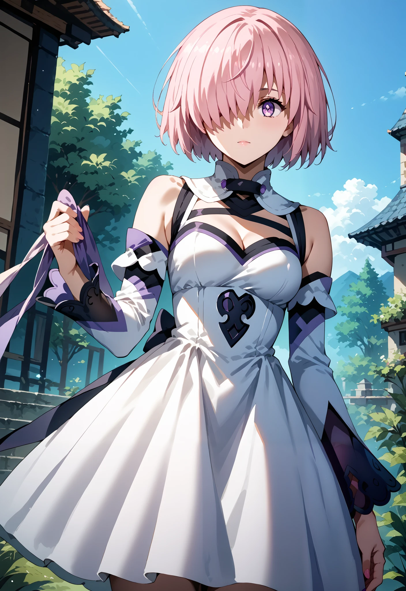 score_9, score_8_up, score_7_up, source_anime, 4K,perfect fingers,(perfect hands, perfect anatomy),
1girl, mashkyrielight, mash kyrielight, short hair, purple eyes, pink hair, hair over one eye, 
wearing ((dress, white dress, Removable sleeves), Cleavage)),,
standing,