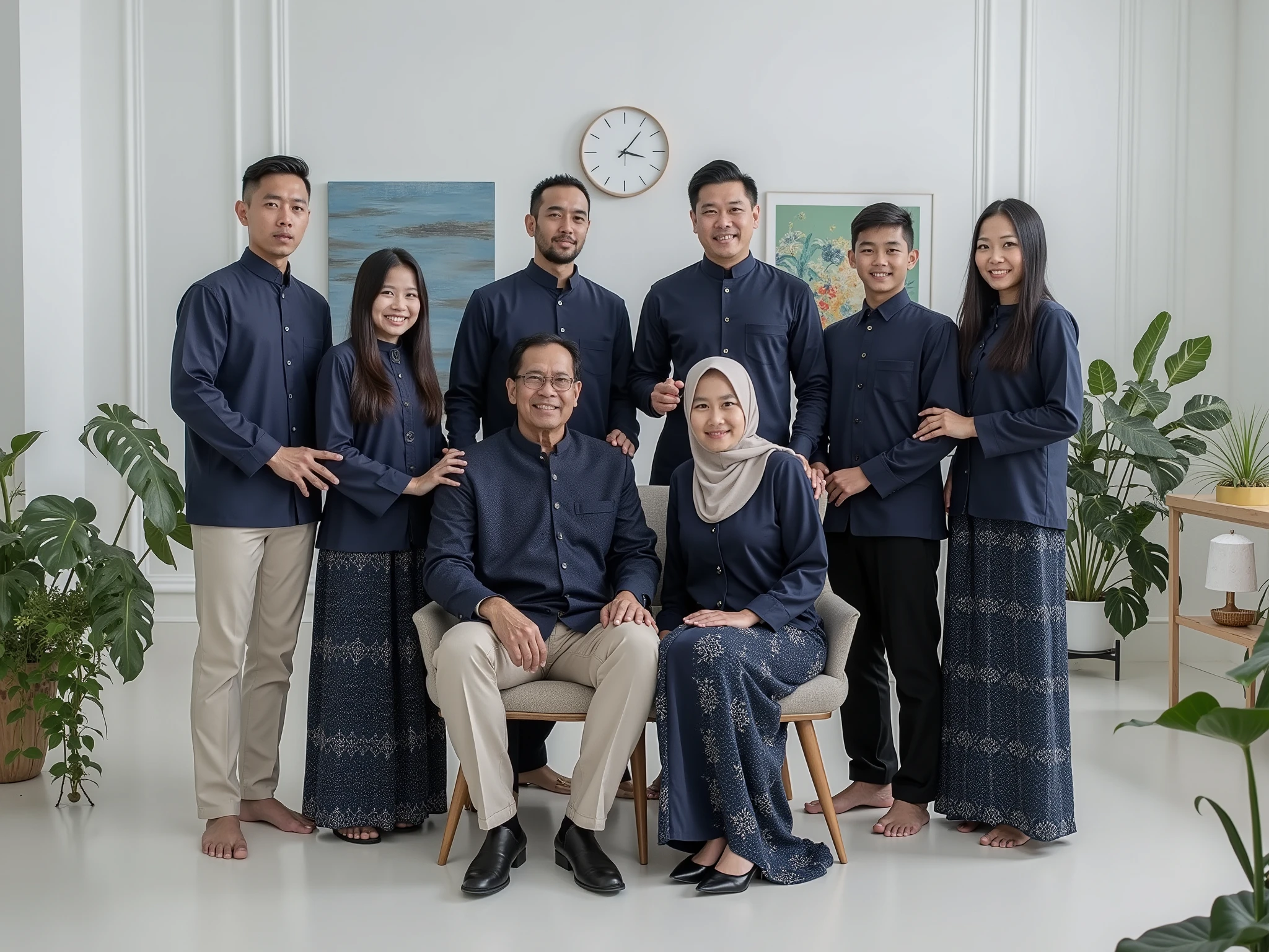 Family photo in Indonesia, four members, a 45-year-old father and mother, a 7-year-old daughter, and a 3-year-old son. They are wearing coordinated blue denim suits and sharia dress, taken in a studio with abstract background, luxurious studio photo with decorative lights and green flower vases, sitting on a sofa, good lighting, realistic, best photography, UHD, 8k