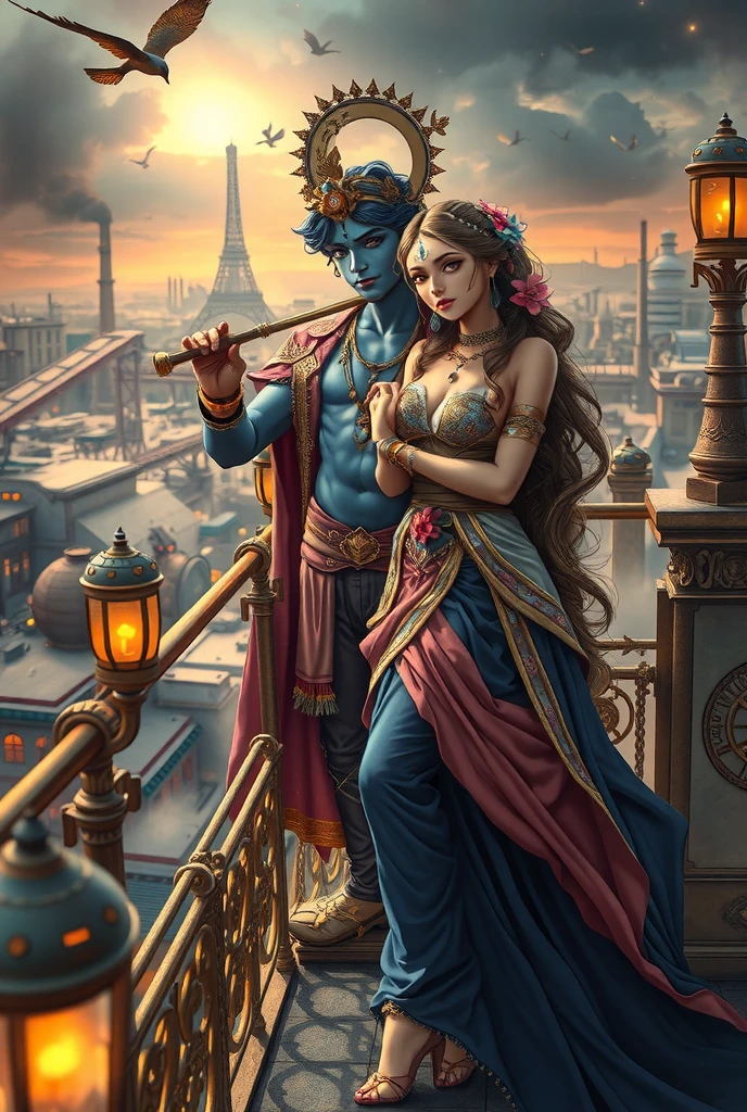  In a grand, industrial cityscape at dusk, Krishna and Radha are depicted in a bold, steampunk-inspired setting that fuses their divine mythology with the aesthetics of brass gears, steam engines, and intricate clockwork. Krishna, with radiant blue skin, stands atop a massive clocktower balcony overlooking the sprawling mechanical city. His iconic peacock feather is integrated into a small, ornate brass crown adorned with tiny glowing gears. He holds a beautifully crafted brass and silver flute in one hand, its design echoing a mix of elegance and machinery. He wears a high-collared coat in deep navy with golden steampunk accents, layered over a crisp white shirt and tailored leather trousers with brass buckle details.

Radha, glowing with golden-white skin, leans gracefully against a rail of the balcony beside him. Her hair is intricately braided with small glowing lights and mechanical flowers, adding a touch of ethereal beauty to the industrial setting. She wears a bold yet elegant corset-style dress in shades of sapphire blue and metallic pink, with a layered skirt of flowing fabric juxtaposed against structured mechanical elements. Her white tilak gleams softly, contrasting beautifully with her outfit's intricate details.

Around them, steam rises from chimneys below, and the warm glow of gas lanterns illuminates the intricate metalwork of the city. Clockwork birds fly through the smoky sky, and the hum of machinery provides a dramatic backdrop to their timeless connection, now reimagined in a daring and futuristic world."