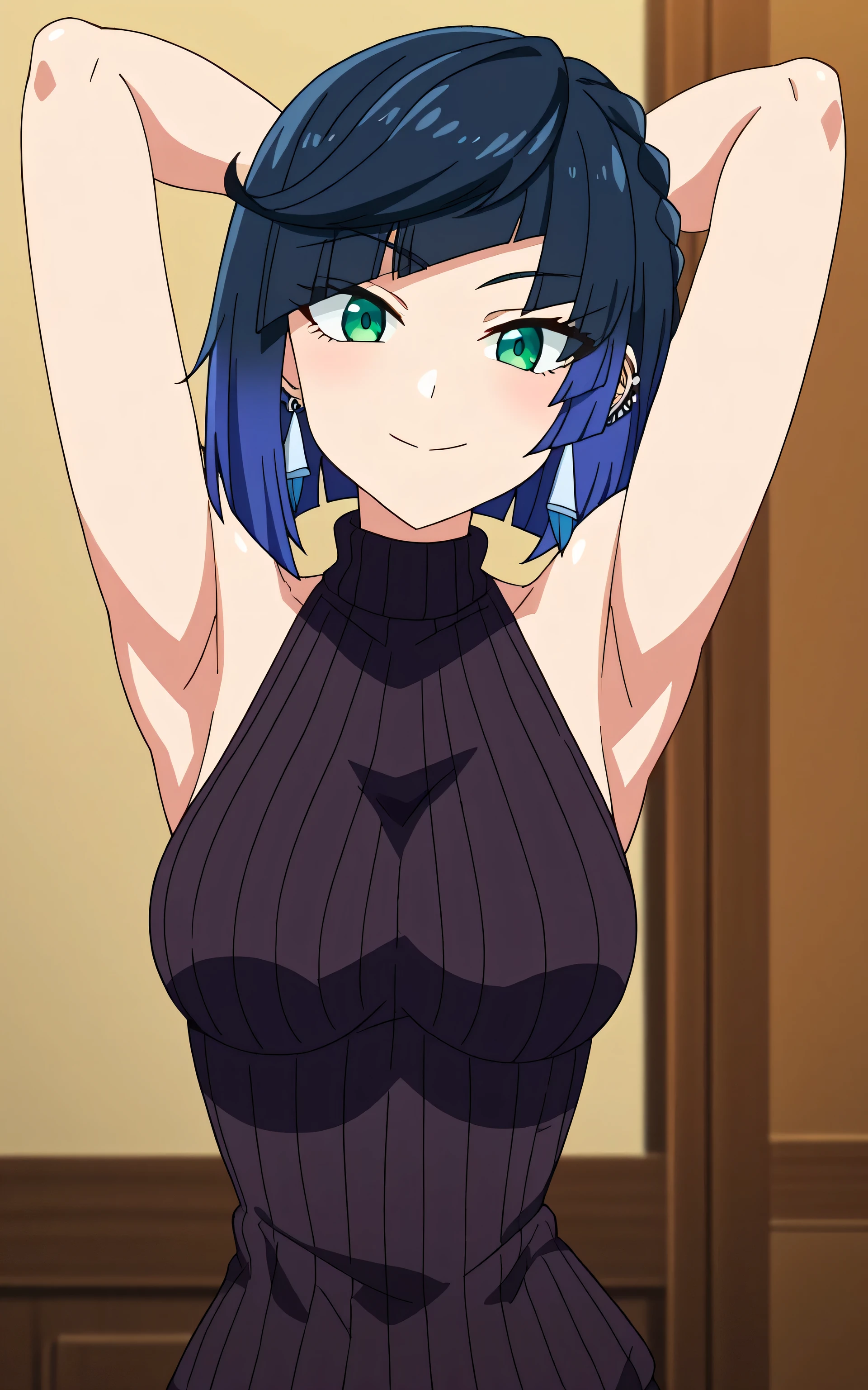 score_9, score_8_up, score_7_up, source_anime, anime screencap, 1girl, solo, yelan, black hair, blue hair, eyebrows hidden by hair, green eyes, multicolored hair, short hair, bare shoulders, bare arms, black sweater, sleeveless sweater, ribbed sweater, turtleneck, medium breasts, arms behind head, armpits, looking at viewer, head towards viewer, smile, closed mouth, badhandv4, indoors, curious,