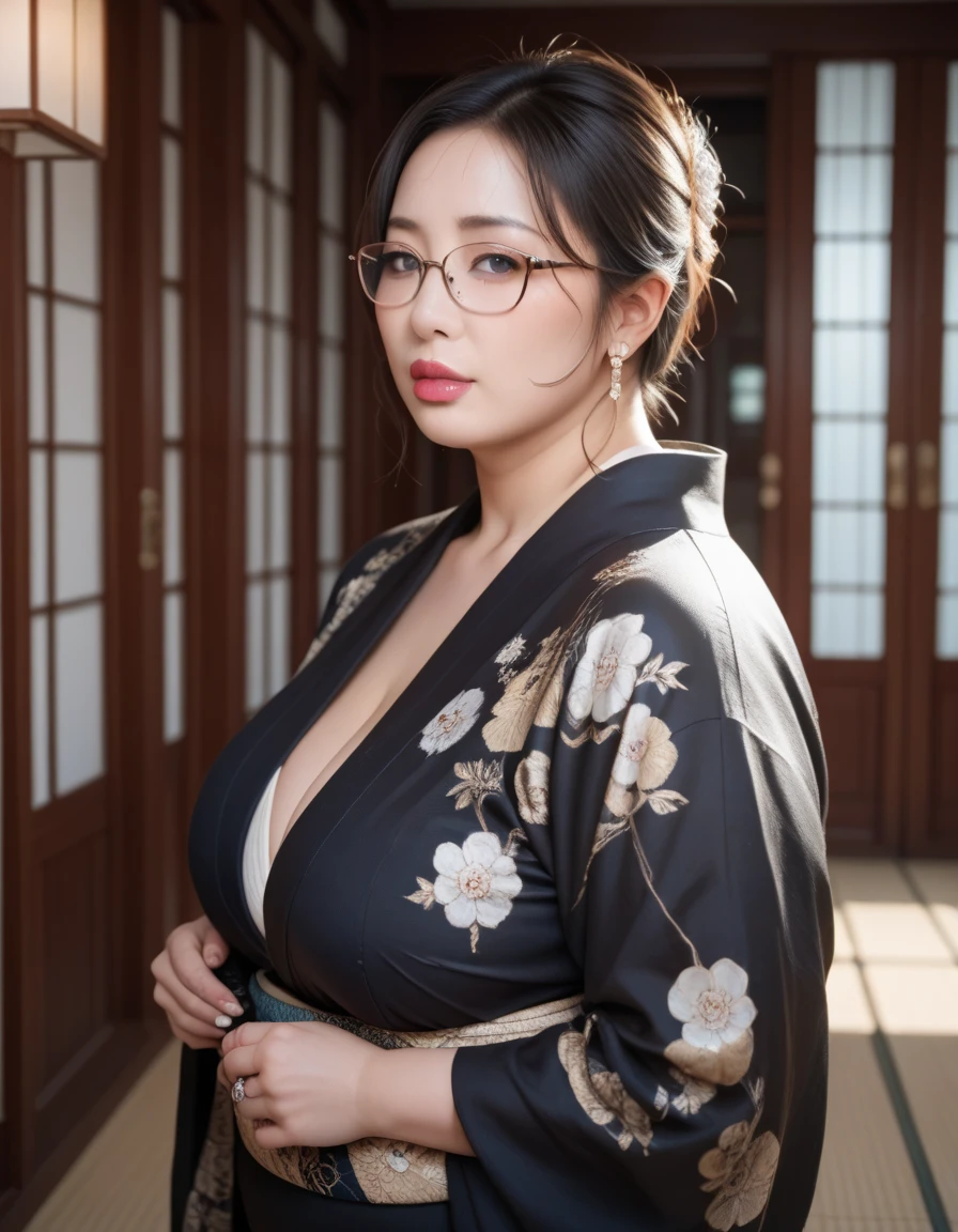 Mature Woman,Japanese,Chubby body,Thick lips,Wearing glasses,Super huge breasts,Wear a black kimono,Indoor setting,funeral,Highest quality,Best quality,Anatomically correct,Realistic results