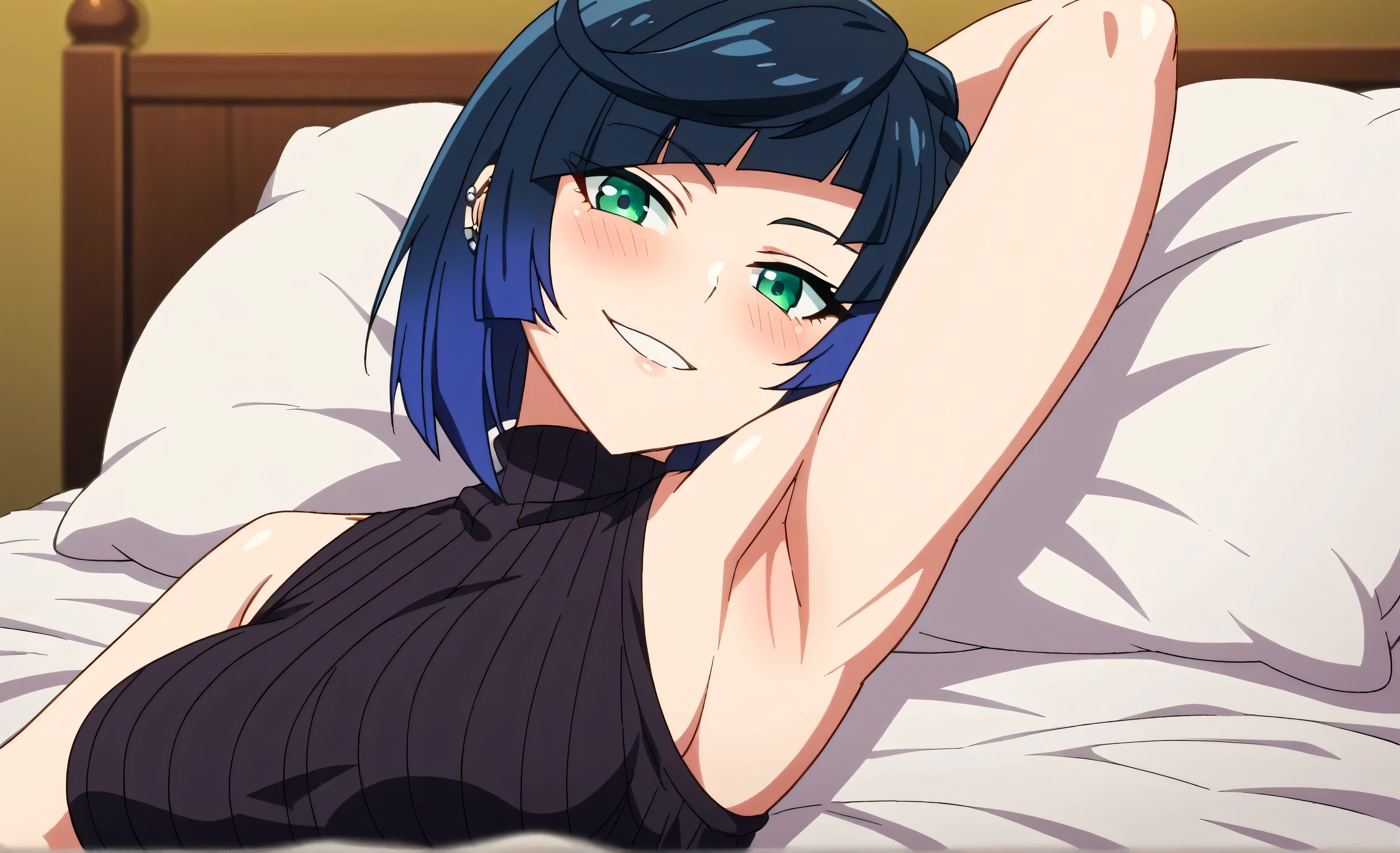 score_9, score_8_up, score_7_up, source_anime, anime screencap, 1girl, solo, yelan, black hair, blue hair, eyebrows hidden by hair, green eyes, multicolored hair, short hair, bare shoulders, bare arms, black sweater, sleeveless sweater, ribbed sweater, turtleneck, medium breasts, arms behind head, armpits, looking at viewer, head towards viewer, smile, closed mouth, badhandv4, indoors, curious,