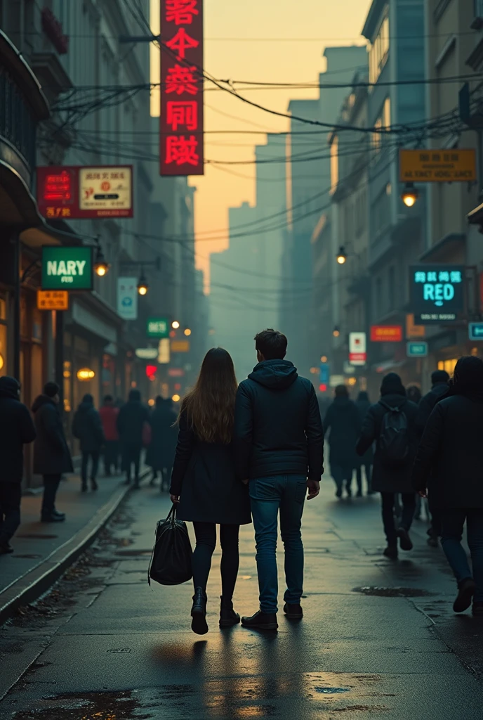 ((Highest quality)), ((masterpiece)), (detailed), city street, dawn, neon signs, somewhat nostalgic, 2 people, back-view, holding hands, near future