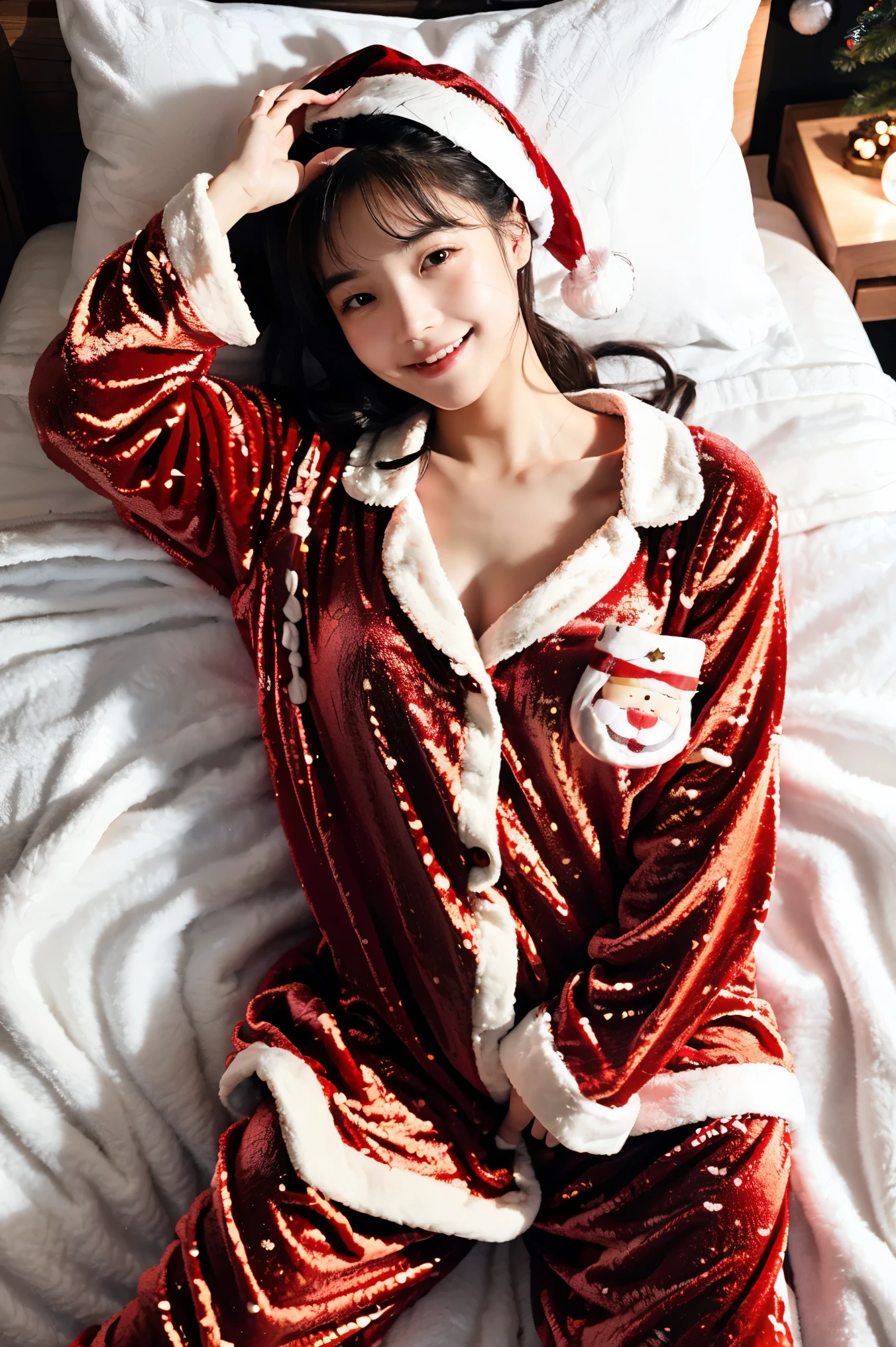 (((santa claus costume))),(((Lie on your back))),(((stretch your toes))),(((view full body))),(((Shooting from above))),ulzzang-6500-v1.1, (Raw photo:1.2), (Photo realistic:1.4), a beautiful detailed girl, extremely detailed eye and face, beautiful detailed eyes, ultra-detailed, High resolution, top-quality, masterpiece, highly detailed, 8k wallpaper, Wonderful, finely detail, top-quality, Light on the face,电影灯光,1girl in,(bedroom),Beautiful eyes,smile,Opening Mouth