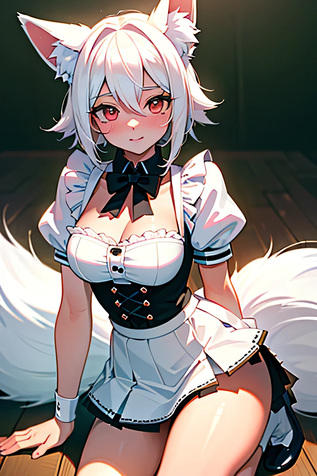 ( Masterpiece,  better quality:1.5), (ultra detailed,  high resolution, 8K,  beautiful detailed,  Ultra High Definition , best anatomy), 1 pretty girl,  white hair,  medium breasts, maid,  flared skirt ,  short skirt ,  Fox Ears ,  foxtail ,  teen,   tender look,  blushing ,  small waist, included towards the spectator,  hands resting on the floor ,  doggy style position, 