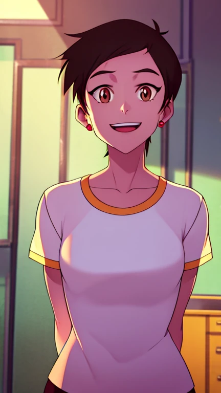 masterpiece, best quality, mawsLoisLane, 1girl, solo, black hair, short hair, brown hair, upper body, smile, shirt, red shirt, looking at viewer, indoor, arms behind back, open mouth, black leggings, earrings, sunlight, 