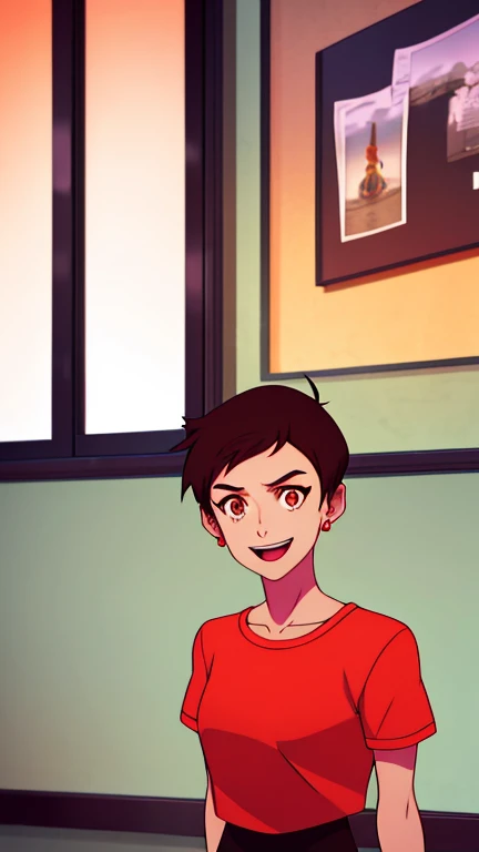 masterpiece, best quality, mawsLoisLane, 1girl, solo, black hair, short hair, brown hair, upper body, smile, shirt, red shirt, looking at viewer, indoor, arms behind back, open mouth, black leggings, earrings, sunlight, 