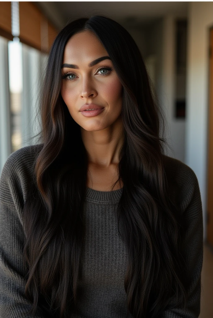 Beautiful gorgeous woman who looks like Megan Fox, has dark matte makeup, small round nose, full lips, long eyelashes, long nails, long straight black hair, figure, woman, light makeup, sweater, kitchen, full body view, long hair , silhouette, photos, Black hair, Long hair,