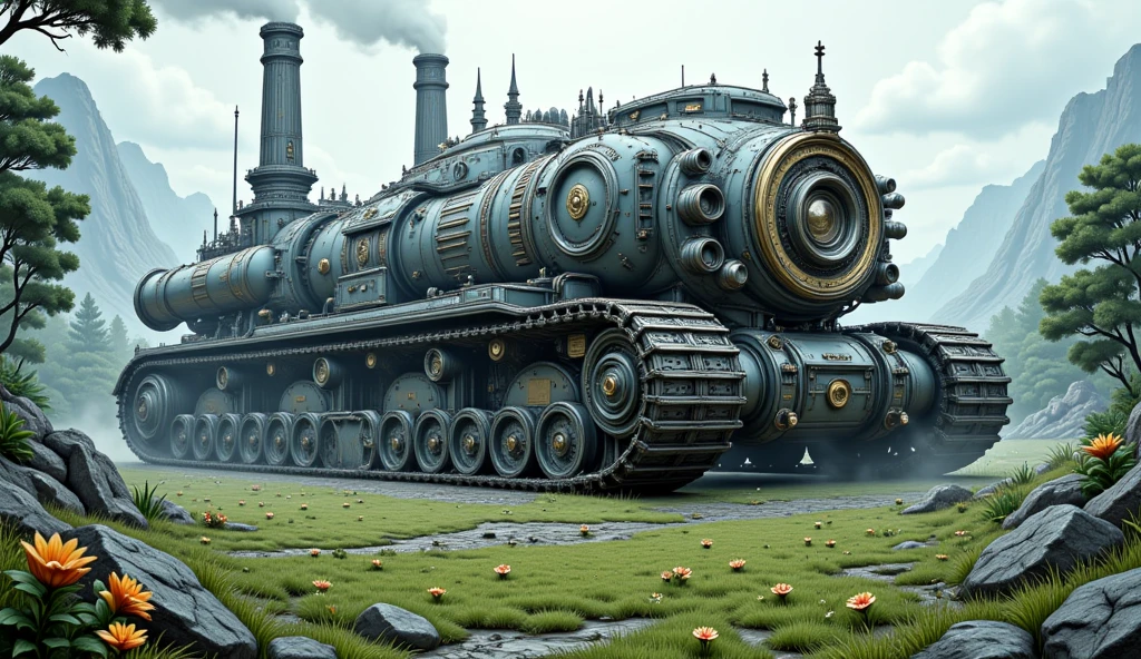 Wide view, futuristic, Sci-fi cinematic scene. Green grassland and flowers field natural background. the giant Armored Steampunk palace, stone mix metallic Gothic style Palace complex on the tank sprocket platform. Golden decor wall and dome, ornate Gate, Gear and Machine elements, metal smoking chimery. Golden runes and cybernectic line decorate, Grimmdark, mechanical. (Ultra-realistic, 32k, Masterpiece, High Quality, Detailed Realistic Background, Official Art, Realistic Lighting, filmfotos, film grain, reversal film photography).