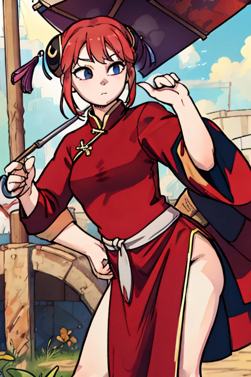 Kagura, masterpiece, best quality, highres, kgr1, red dress, double bun, bun cover, china dress, chinese clothes, knee boots, short sleeves, big fat figure, small breasts, cowboy shot, hand on hip, closed umbrella, holding umbrella, outdoors,