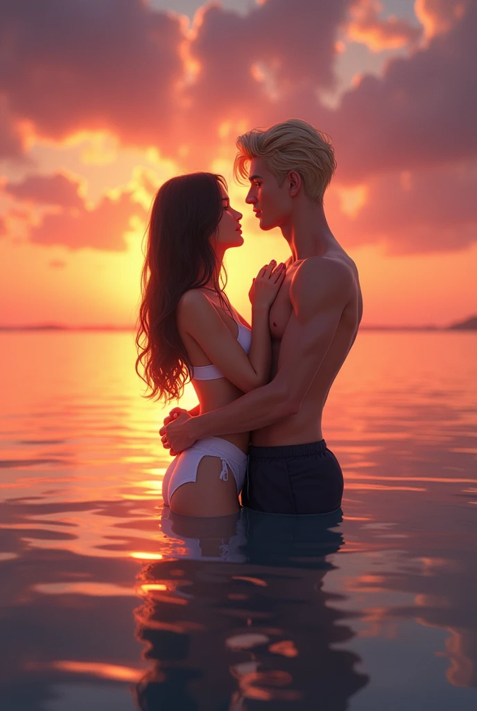 Couple in the sea at sunset, a white skinned girl ,blue eyes, long black fur, hugging a man with medium-long blond hair, green eyes and a muscular build