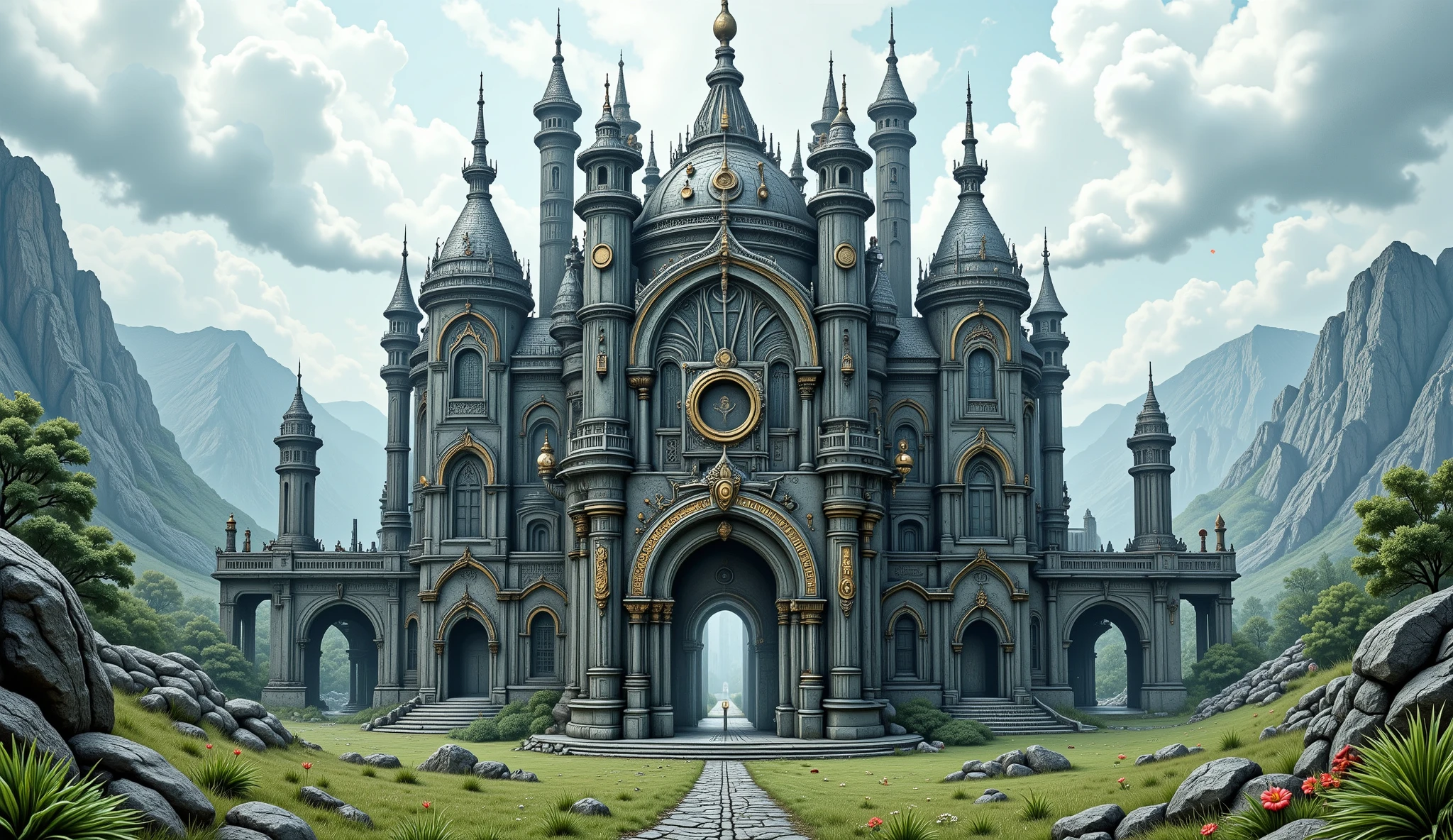 Wide view, futuristic, Sci-fi cinematic scene. Green grassland and flowers field natural background. the giant Armored Steampunk palace, stone mix metallic Gothic style Palace complex stand on the tank sprocket platform. Golden decor wall and dome, ornate Gate, Gear and Machine elements, metal smoking chimery. Golden runes and cybernectic line decorate, Grimmdark, mechanical. (Ultra-realistic, 32k, Masterpiece, High Quality, Detailed Realistic Background, Official Art, Realistic Lighting, filmfotos, film grain, reversal film photography).