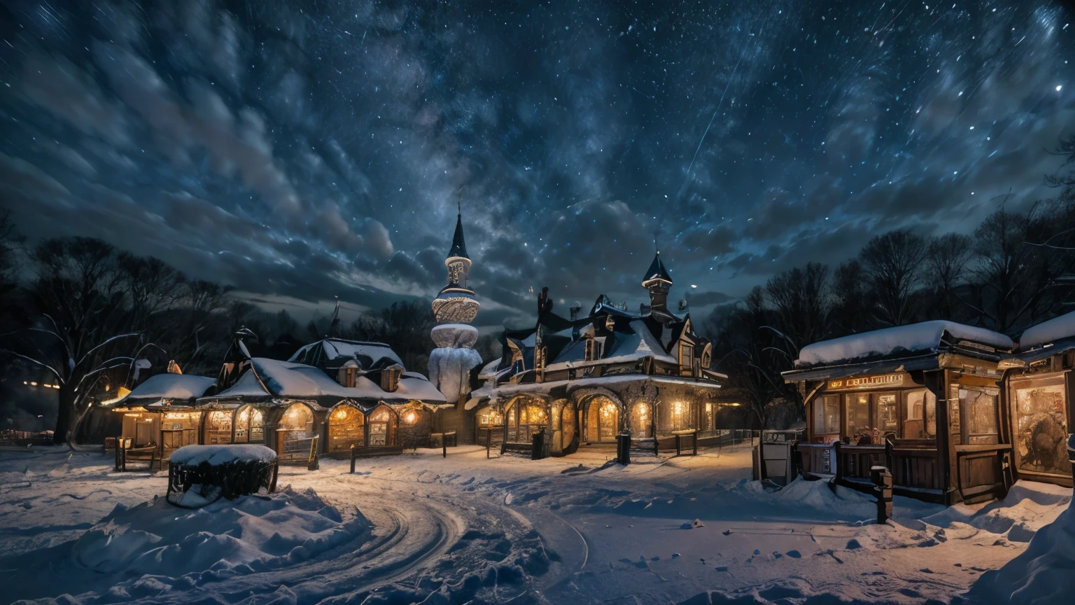 masterpiece, best quality, soft light, ultra high resolution, (photorealistic:1.4), Raw photo, Winter season atmosphere, snow, night, ((Being in the theme park)),